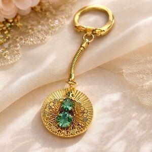 Vintage Gold Tone Key Ring Green Rhinestone Filigree Medallion Charm